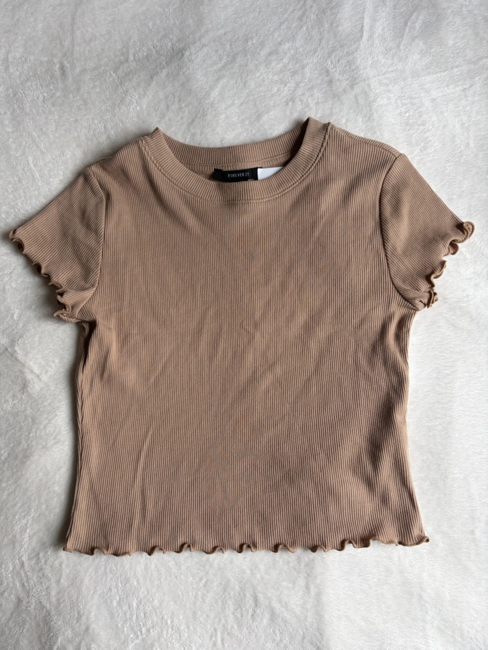 Forever 21 Ribbed Lettuce-Edge Short Sleeve Baby Tee in Tan